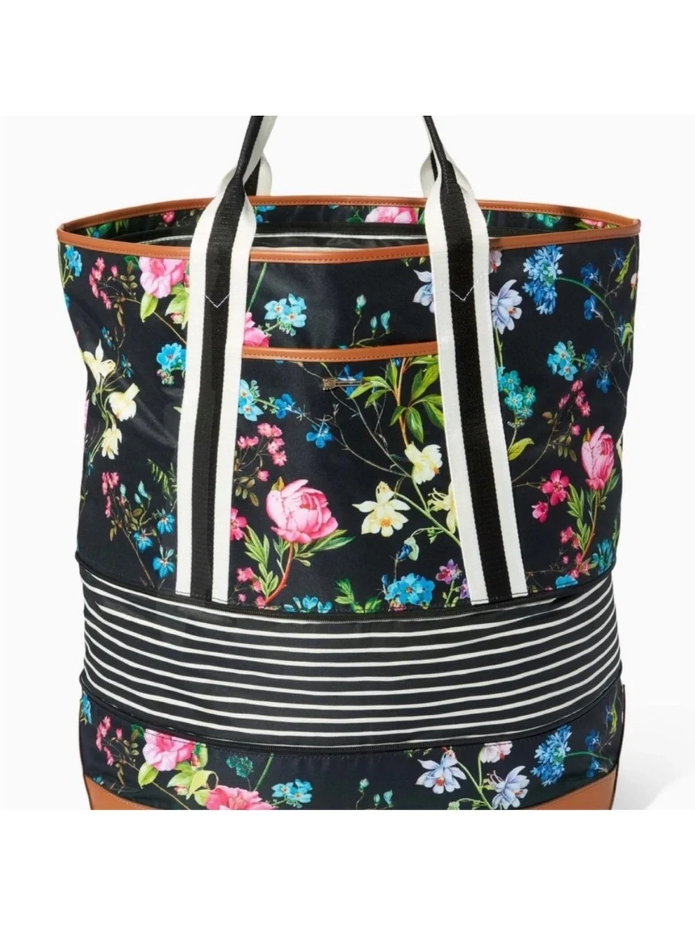 Stella & Dot Black Floral Canvas Tote with Brown Trim